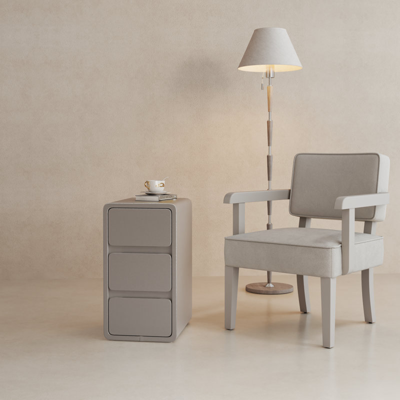 Table de chevet rembourrée en cuir massif, H 22,3 po x l 11,9 po, Gris, 3 tiroirs