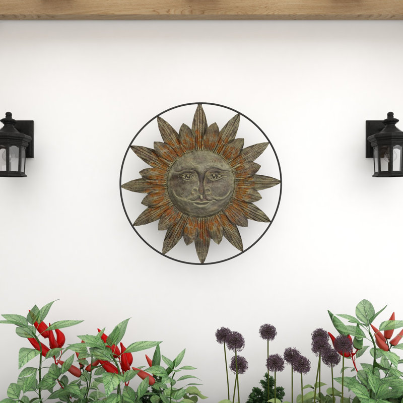 Metal Indoor Outdoor Sun Brown Wall Decor with Distressed Copper Like Finish