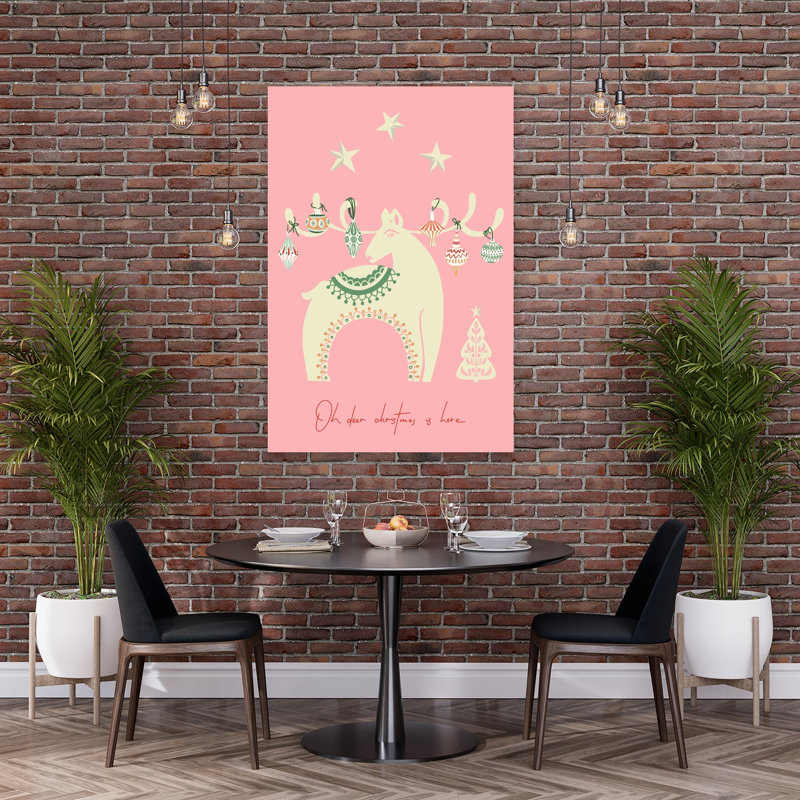 Festive Pink Reindeer Whimsical Abstract Contemporary Christmas Tree Deer Winter Landscape Wall Art Print by Annick - Wrapped Canvas Print