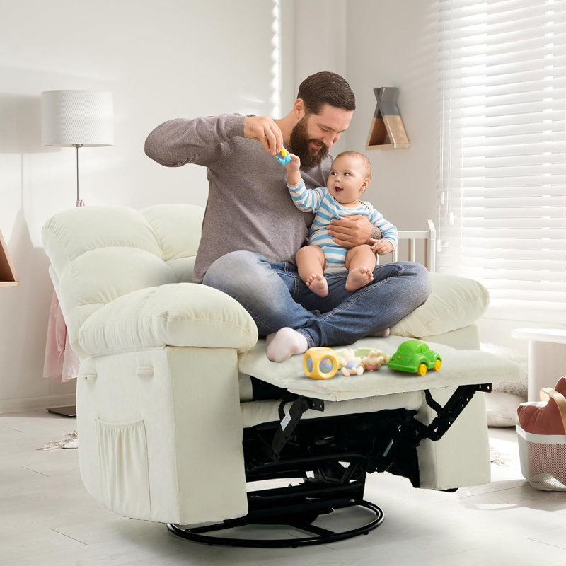 Rocking Recliner Chair, 360° Swivel Rocker Chair, Upholstered Fabric Glider Nursery Chair, Beige