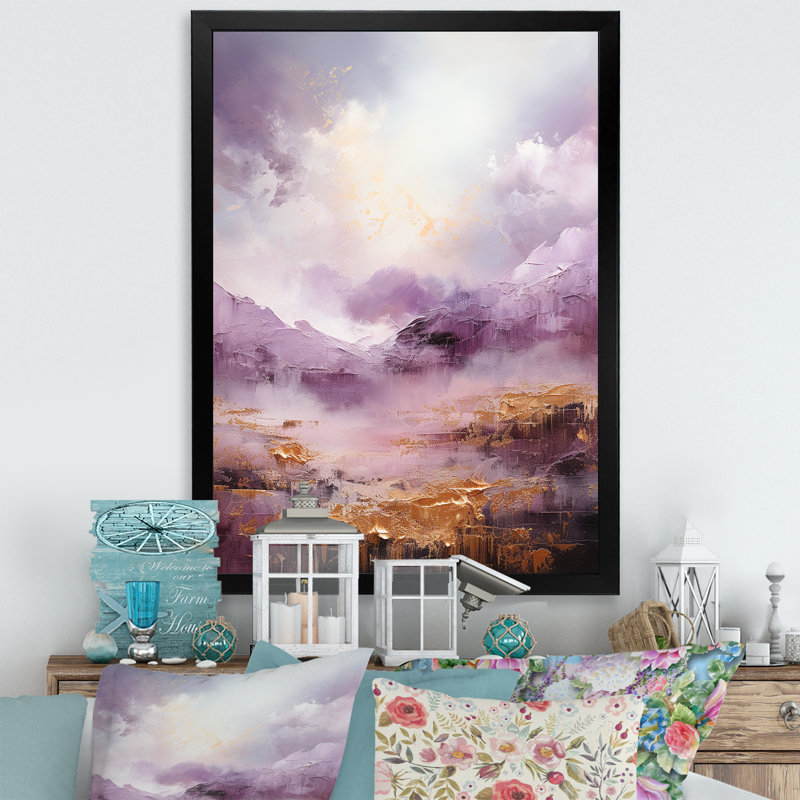 Lac mauve et doré et montagne V, H 32 po x l 16 po x P 1 po, Cadre simple noir