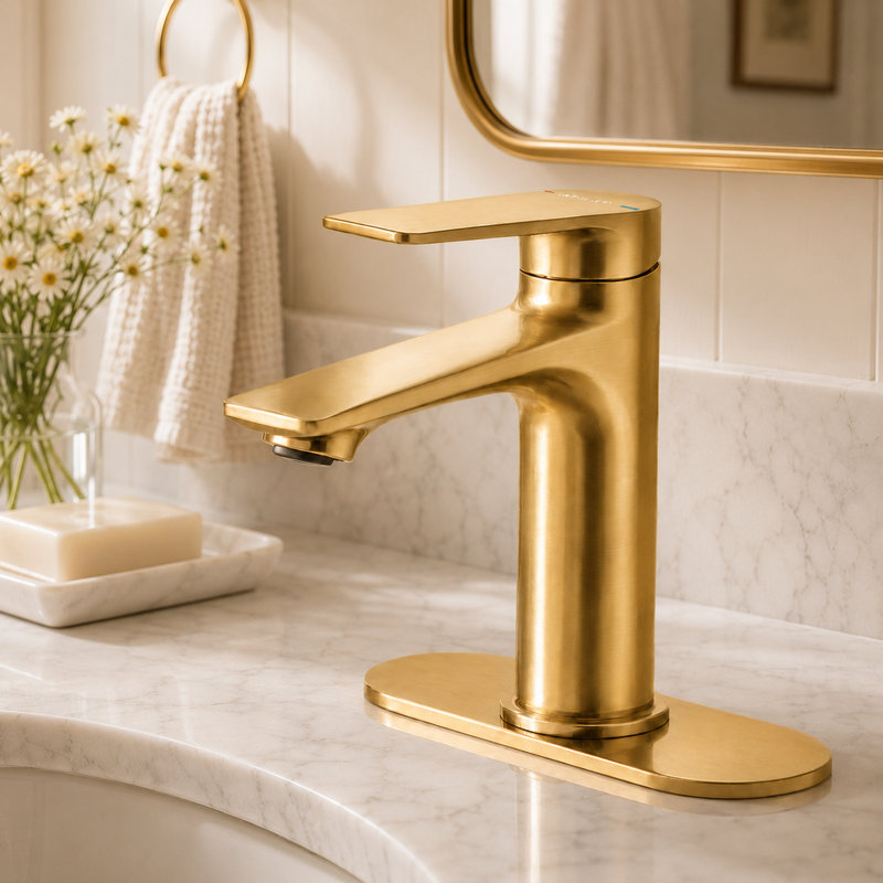 BRAVAT® Single Handle Bathroom Faucet with 6 in. Deck Plate, 1 or 3 Hole, WaterSense 1.2 GPM flow, NEOPERL® aerator, Drip-free cartridge, cUPC, NSF372/61, CEC, DOE Certified, Sleek-Brushed Gold