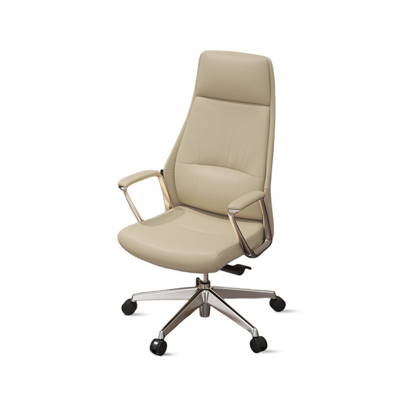 Fauteuil de bureau beige + argenté réglable en cuir véritable + similicuir + alliage d'aluminium