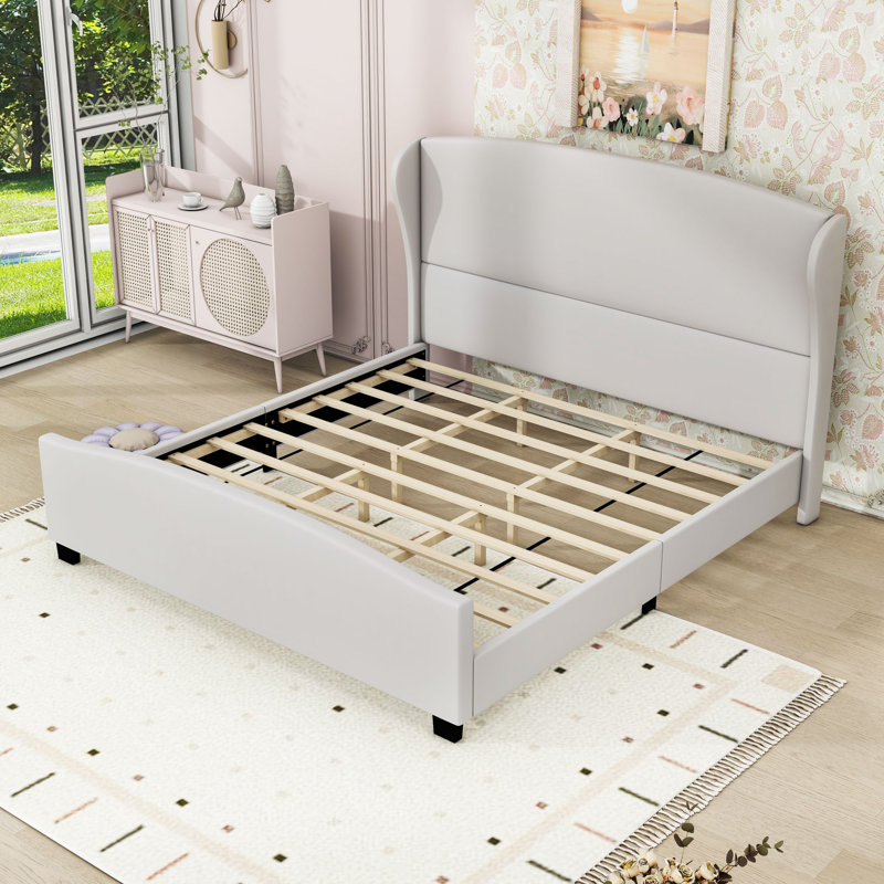 Upholstered Platform Bed with Headboard, King, Beige