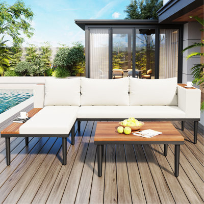 Canapé modulaire d'extérieur de luxe avec table basse et coussins amovibles, meubles de patio en bois en forme de L pour la cour, le porche, le balcon, la terrasse ou le bord de la piscine