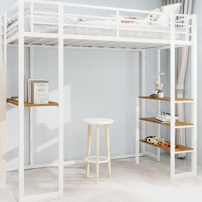 Lit simple à structure en fer blanc avec table et rampe intégrées, coffre-fort stable pour la chambre à coucher, pieds à double support, escalier de bureau en L à faible encombrement, économie, assemblage rapide