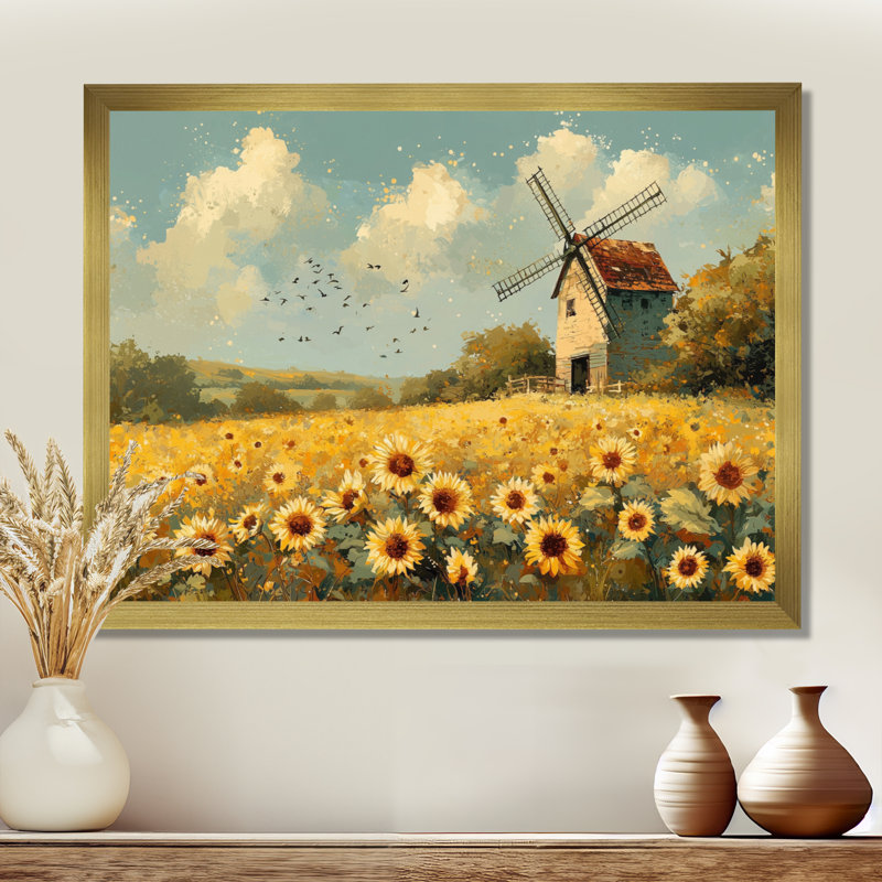 Drelon tournesols au moulin à vent en été I - art mural toile de tournesols, H 16 po x l 32 po, Doré