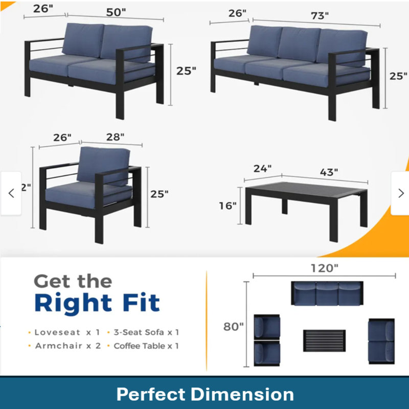Ensemble de conversation 5 pièces pour patio moderne en aluminium, canapé d'extérieur 7 places avec coussins bleus épais et structure noire et table basse