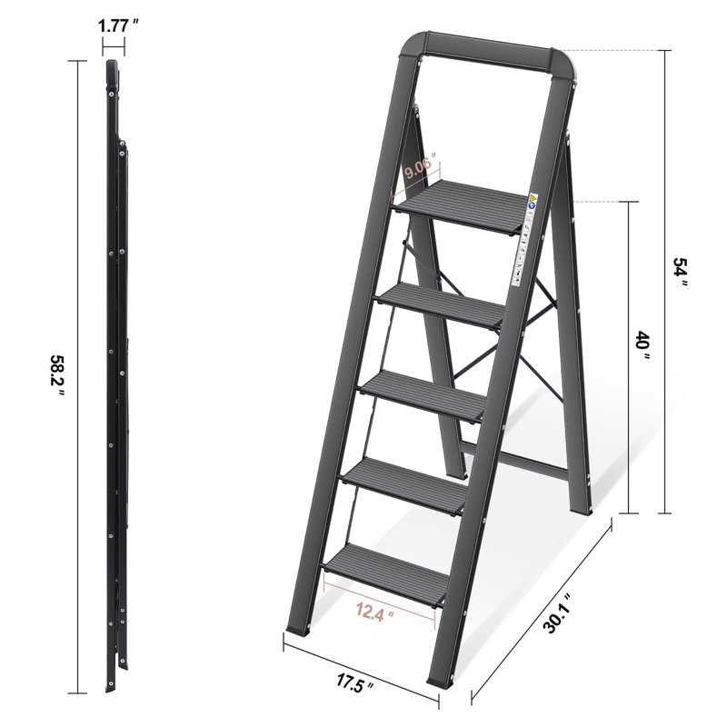 5- Step Aluminium Lightweight Folding Step Ladder, Black