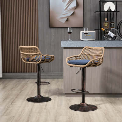 Tabourets réglables à hauteur de comptoir de 2, lin bleu avec repose-pieds pour la décoration de la maison, chaises de cuisine 2 pièces, espace rembourré