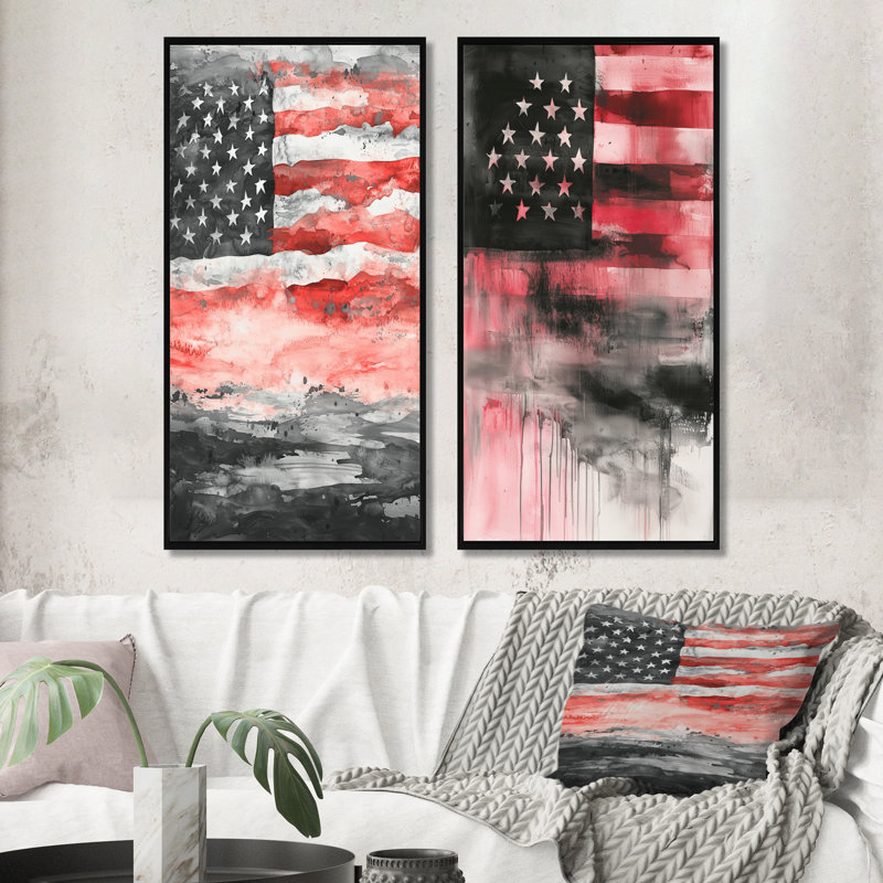 «Patriot Us Flag Memories I», art mural 2 panneaux, H 28 po x l 25 po, Cadre flottant noir