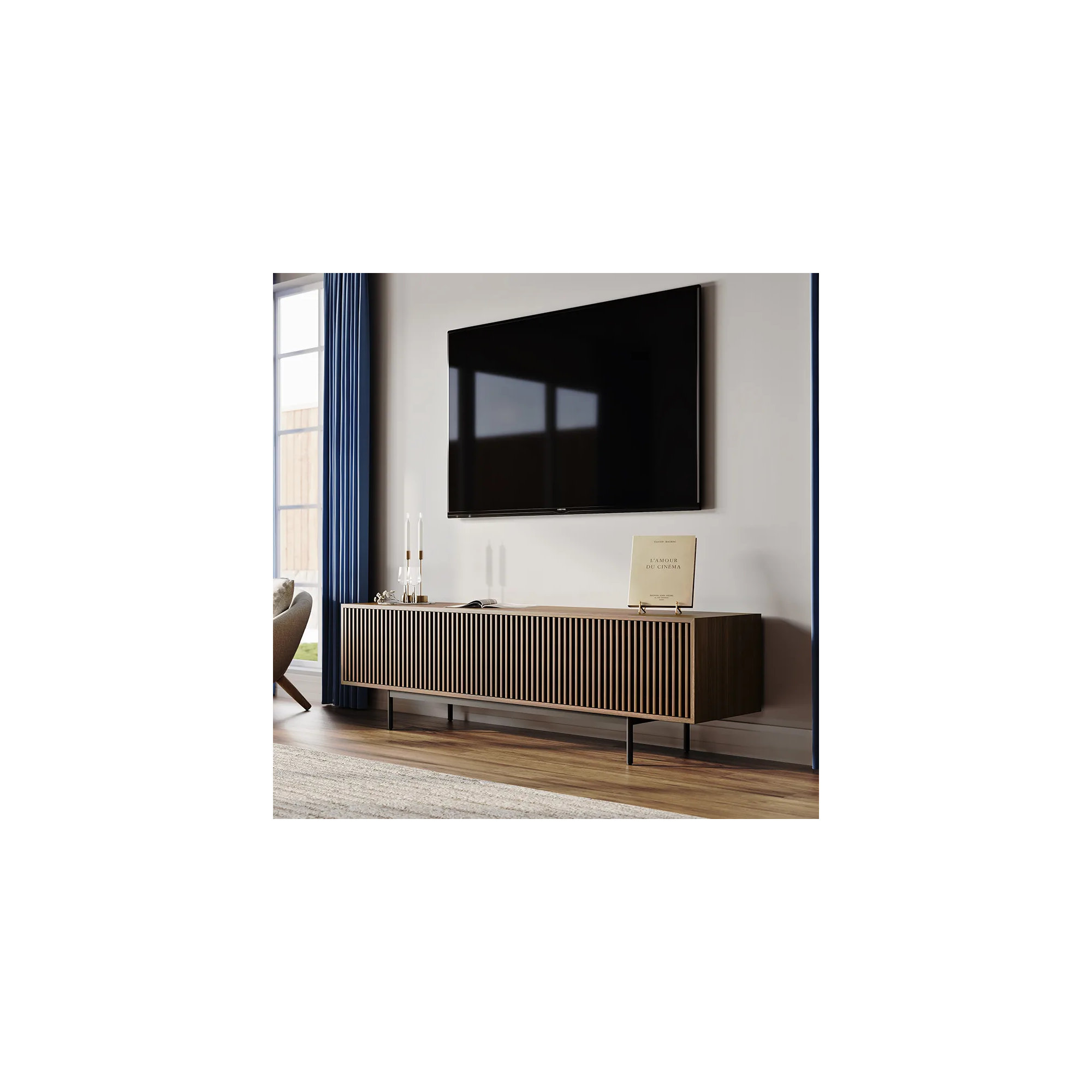 Mid-Century Modern TV Stand, 21.26" H x 78.74" W x 18.89" D, Walnut