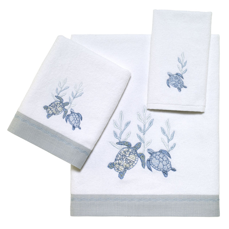 Caicos White and Blue Cotton Coastal Hand Towel