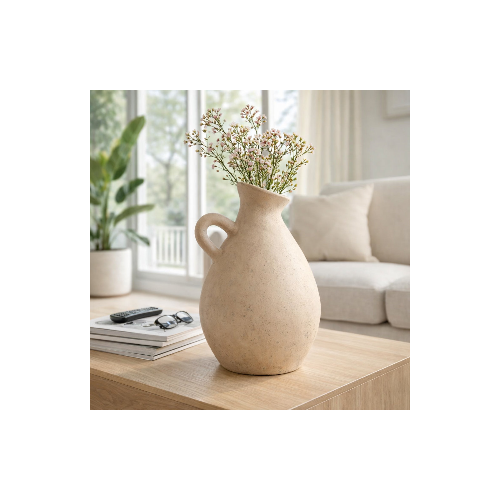 Terracotta, 19" Unique Jug With Handle, Round, Textured Ivory/Beige