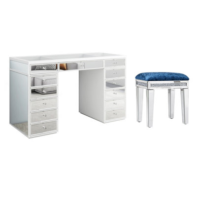 13 Drawer Mirrored Dressing Table Set with Decorative Vanity Stool
