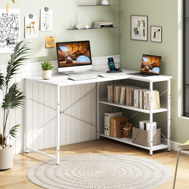 L-Shaped 47 Inch Reversible Corner Desk With Adjustable Storage Shelves, White/White