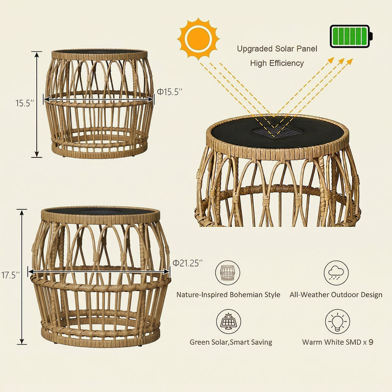 Solar Powered Boho Nesting Coffee Tables Set of 2