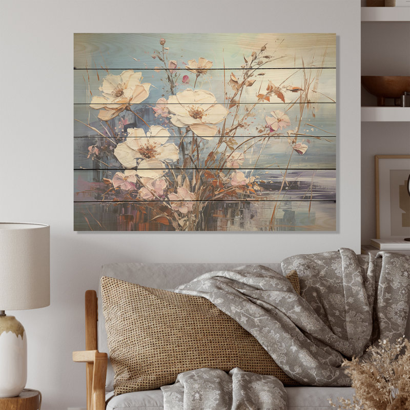Fleurs blanches et bleues de coquelicots rêveurs - Art mural en bois sur bois de pin naturel, H 24 po x l 32 po
