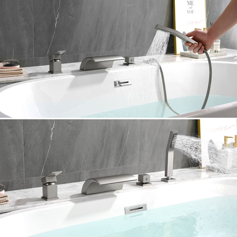 Robinet de baignoire romaine monocommande à fixation sur le comptoir avec douche à main, Nickel brossé