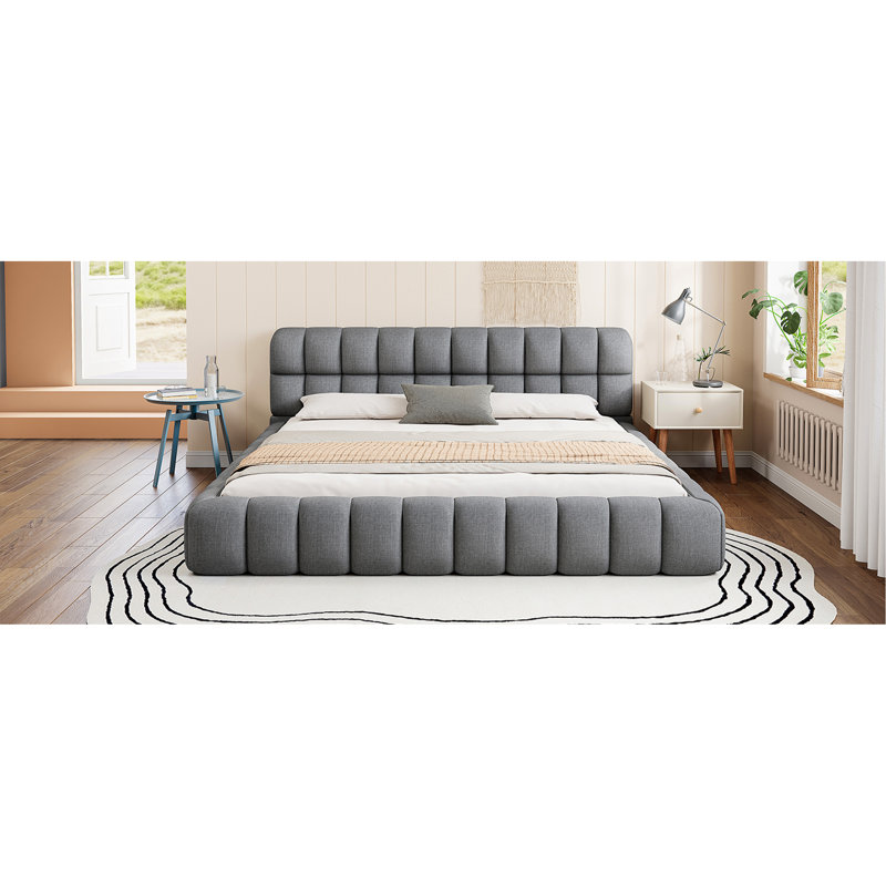 Lit plateforme tapissier avec tissu épais, lit au sol avec structure solide, Gris