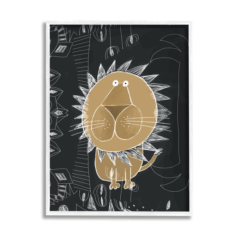 Lion pour enfants, art abstrait de griffonnage, H 30 po x l 24 po x P 1,5 po, Giclée encadrée blanc bord de mer