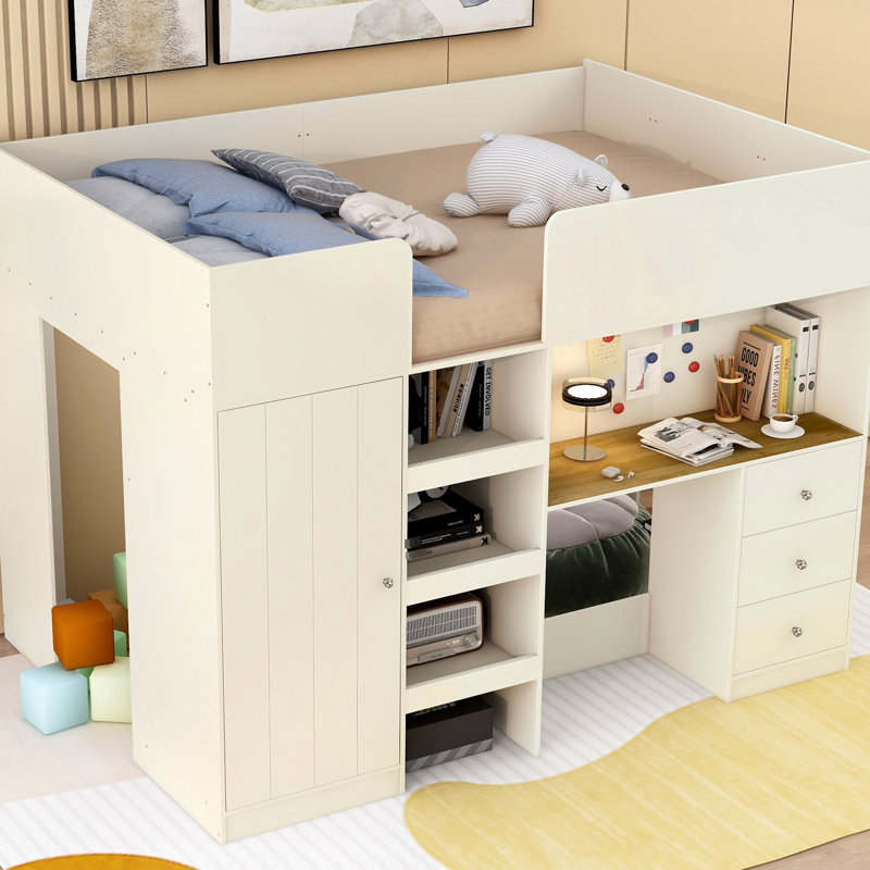 Beige Full Size Loft Bed With Storage, Drawers And Desk - Structure Wood Size Integrated Wardrobe, Storage Shelves, & In