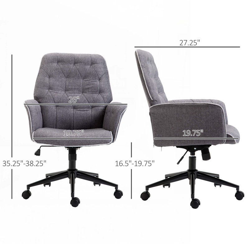 Chaise de bureau en lin avec dossier capitonné à hauteur, roues pivotantes
