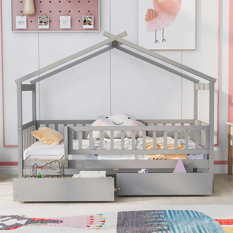 Lit enchanteur en bois avec deux tiroirs spacieux, idéal pour que les enfants créent leur propre pays des rêves magique, Gris