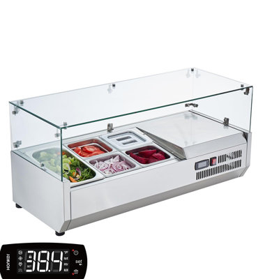 38 Inch 130W Commercial Refrigerated Condiment Prep Station, Countertop Salad Sandwich Prep Table with Glass Guard, 5 Food Pans for Home Restaurant Use
