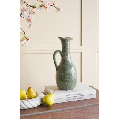6X5X12" Ceramic Pitcher Vase With Olive Green Finish And Floral Motifs