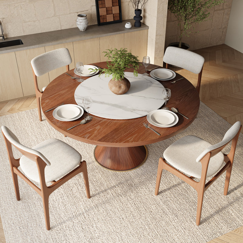 Table de salle à manger ronde en bois massif de style Mid-Century avec paresseux amovible en pierre Susan Jaivyn