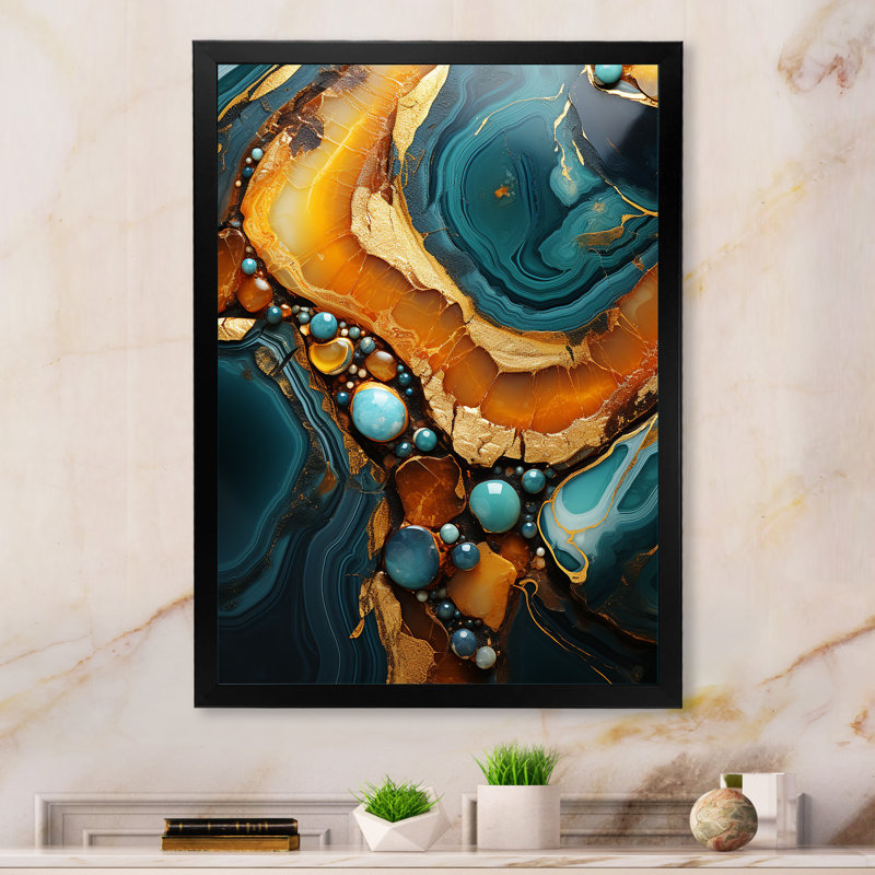 Or et agate topaze verte granit V, H 40 po x l 30 po x P 1,5 po, Cadre simple noir