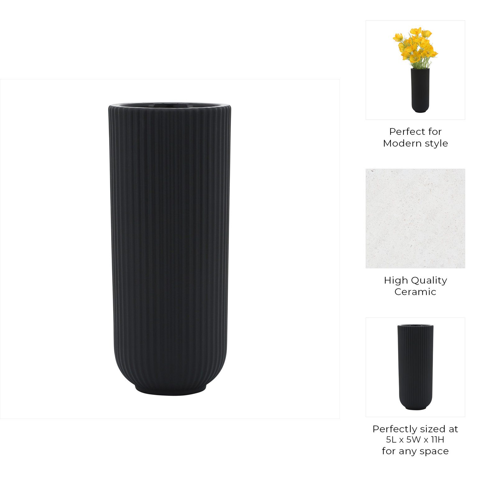 Sagebrook Home Zed Ceramic Ridged Vase Classic Decorative Vase for Home or Office Flower Display, Black, 11" H x 5" W x 5" D