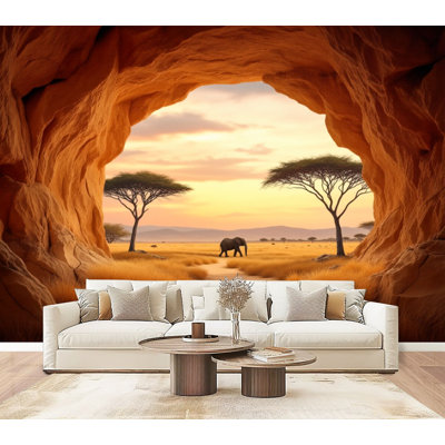 Peel and Stick Wallpaper Savannah Landscape Elephant Rocky Cave Sunset wildlife African Scene Wall Murals 69"H x 96"W Removable PVC Wall Paper Self-Adhesive Wall Decor for Bedroom Living Room Home Office
