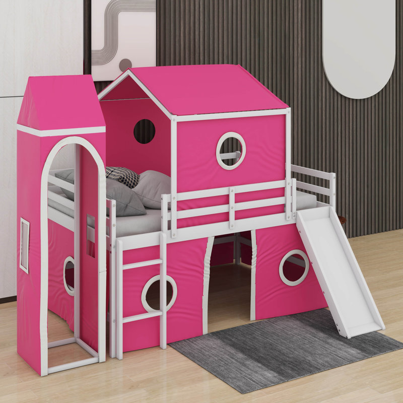 Lit mezzanine double avec glissoire, tente et tour, Rose