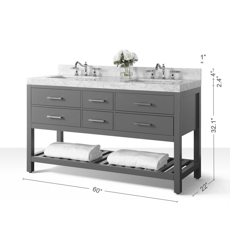 Elizabeth 60'' W Double Vanity, Sapphire Gray/Brushed Nickel, Carrara White Marble
