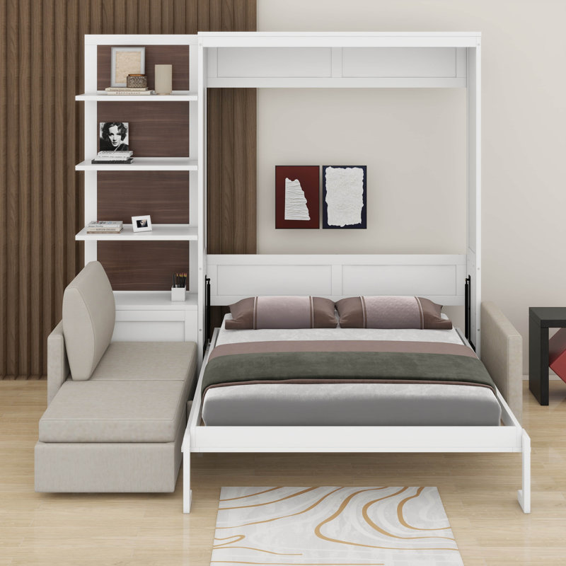 Grand lit escamotable mural avec canapé et tablettes, Blanc gris