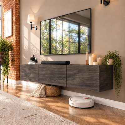 Meuble télé suspendu moderne Colima pour téléviseurs jusqu'à 80 pouces, console multimédia murale avec armoire de rangement, bois de chêne anthracite