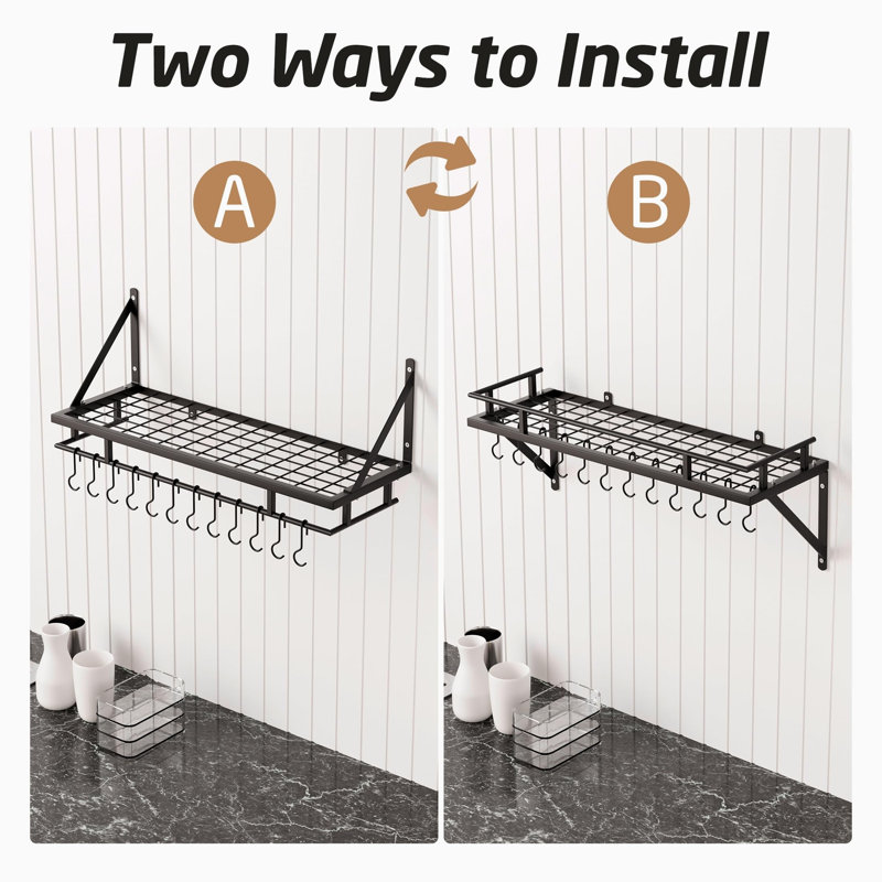 76CM Pan Holder Wall Mounted, Hanging Storage with 12 Hooks for Kitchen Storage and Organization, Black