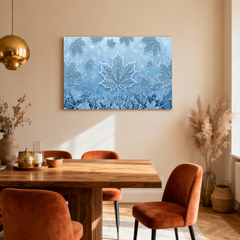 «Frosted Maple Leaves Blue Winter», impression sur toile tendue sur toile, ensemble de 1, H 20 po x l 30 po
