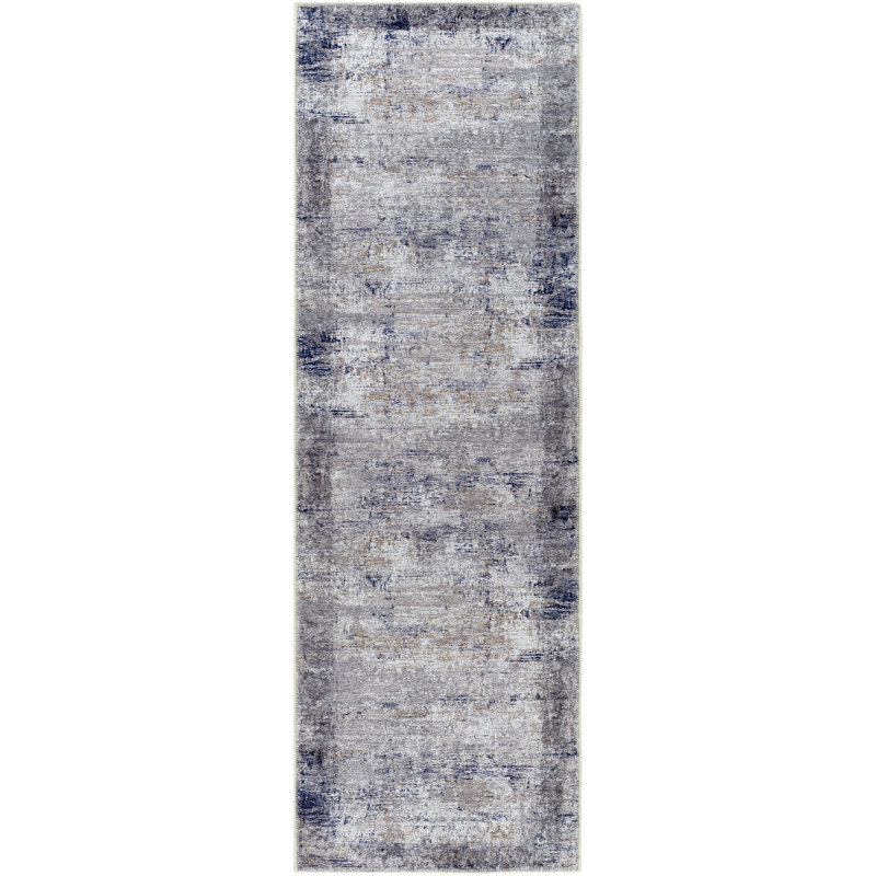 Tapis bleu foncé / brun moyen lavable Owings, Tapis de couloir 2 pi 7 po x 7 pi 10 po