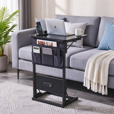 C Shaped Foldable Sofa Side Table with Built-In Charging Station & Storage Pockets, Waterproof Scratch Resistant Table Panel, Multi-functional Bedside Nightstand, Easy To Store, Black