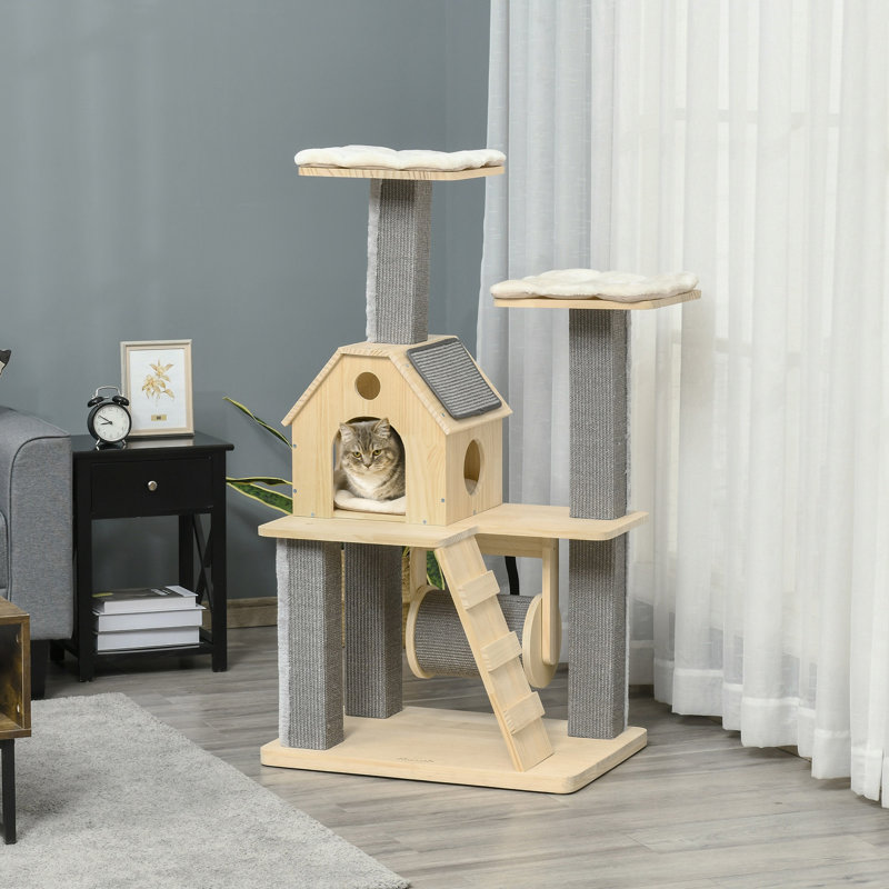Arbre à chat Cozy-House pour chats d'intérieur avec perchoirs recouverts de coussins