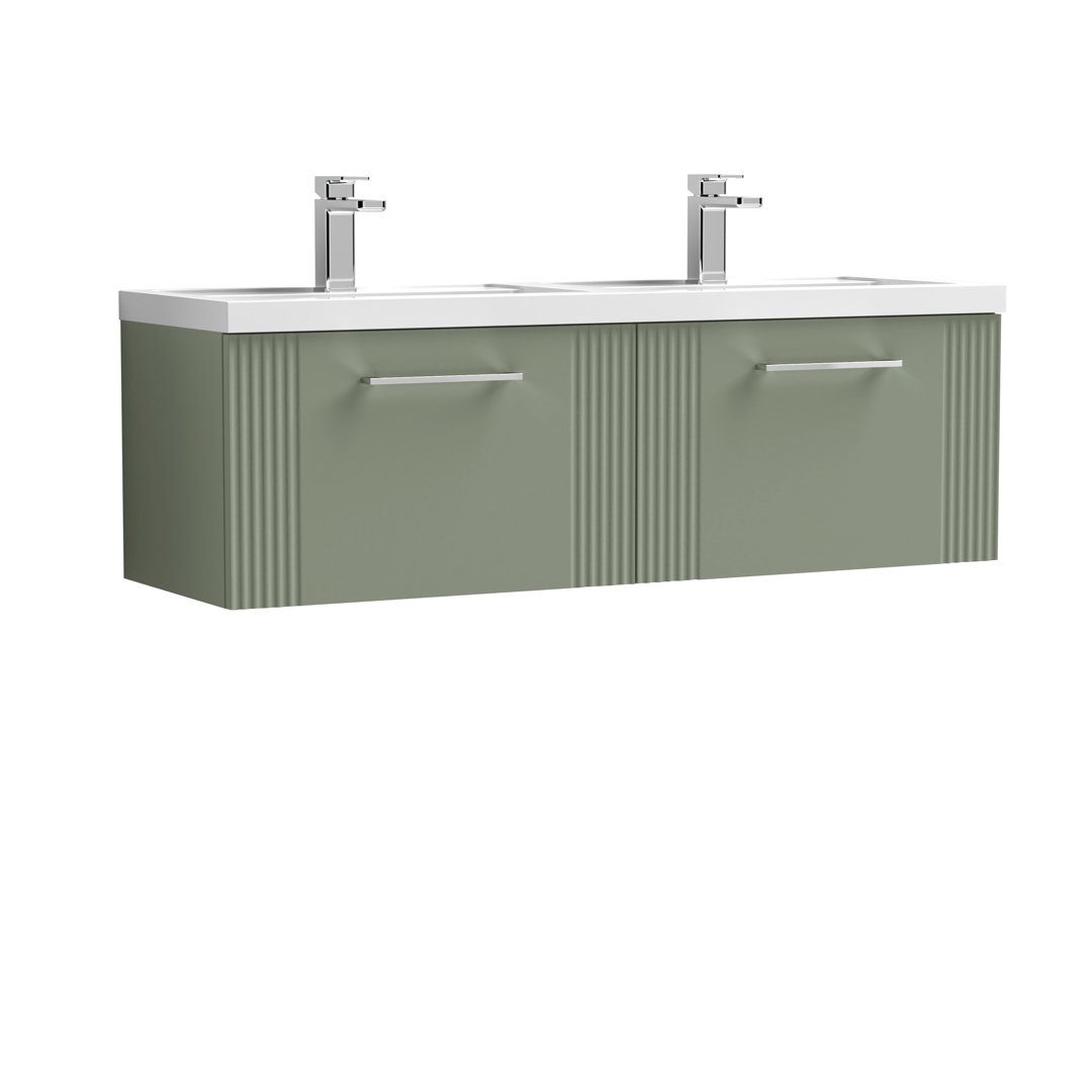 Nuie Deco 1200mm Wall Hung Vanity Unit - 2 Drawer Double Polymarble Basin - Satin Reed Green - Image 2