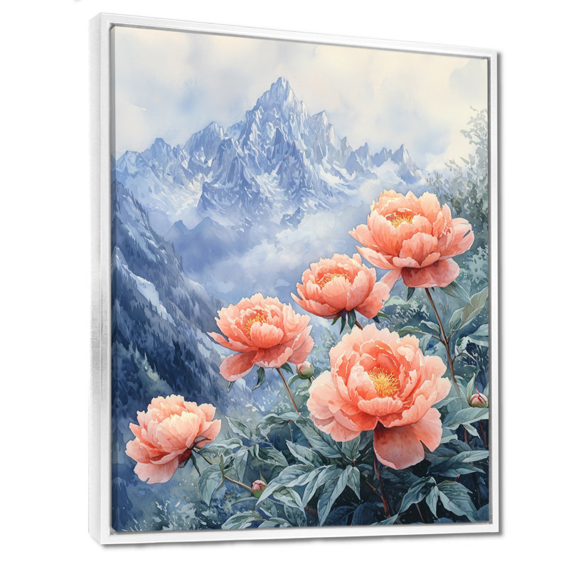 Giachetti, pivoines et sommet de montagne IV - pivoines, art mural, H 44 po x l 34 po, Reproduction avec cadre flottant