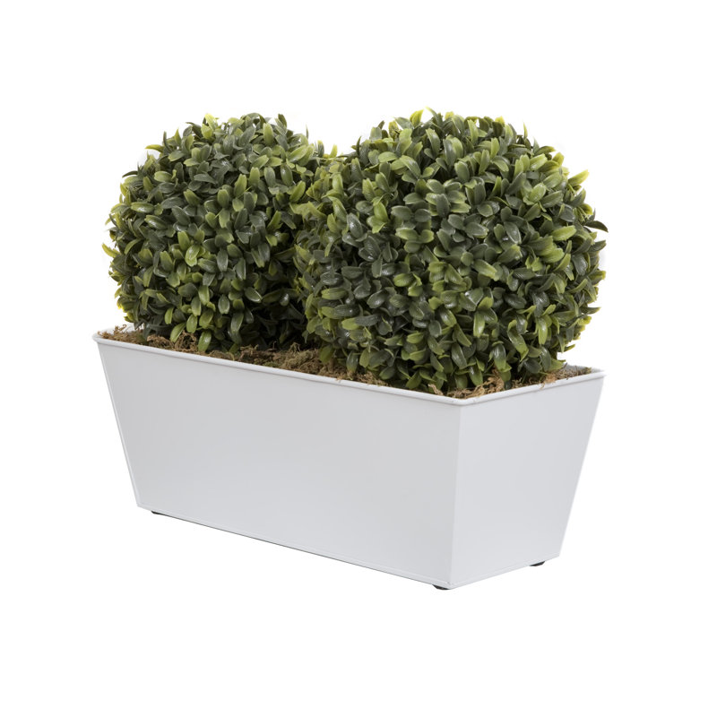GreenBrokers Artificial Double Ball Boxwood in Straight Black Tin Window Box 35cm/14in, White