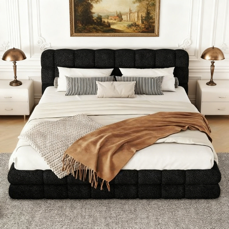 Grand lit plateforme tapissier Berber, Noir, noir, noir, noir