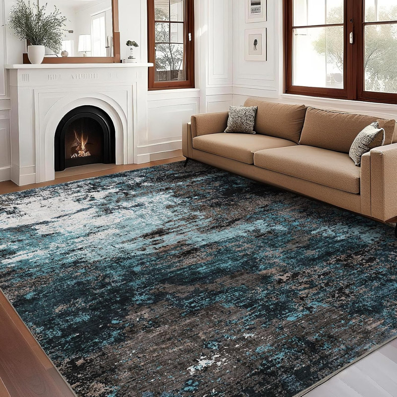 Abstract Art-Inspired Thin Indoor Rug, Distressed Oil Painting Pattern Low Pile Area Mat with Soft Surface, Easy to Clean & Stain Resistant for Living Room, Bedroom, Entryway, Study