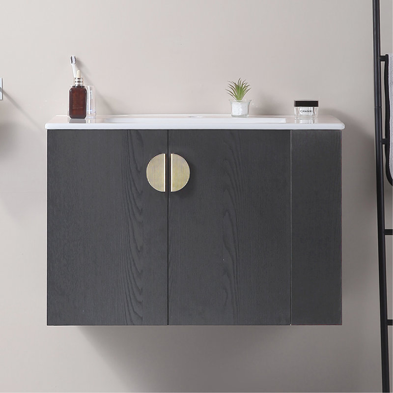 Ensemble de meuble-lavabo avec lavabo, avec deux portes et ensemble de meuble-lavabo avec tablette de rangement ouverte à droite, bois massif, à l'exception des robinets