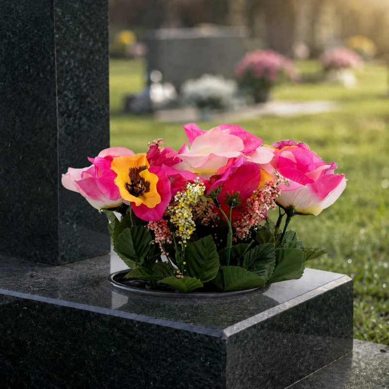 Artificial Silk Flower Grave Pot Memorial - Cemetery Graveside Tribute, Pink Pansy & Rose / Set of 2